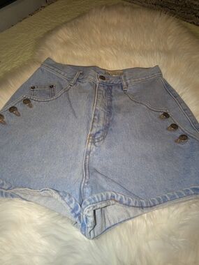Light Blue High-Waist Denim Shorts with Decorative Metal Buttons